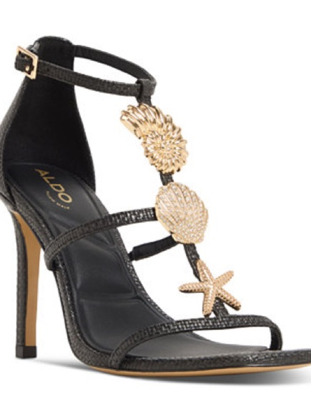 ALDO Black High-Heel Strappy Sandals with Gold Shell Accents